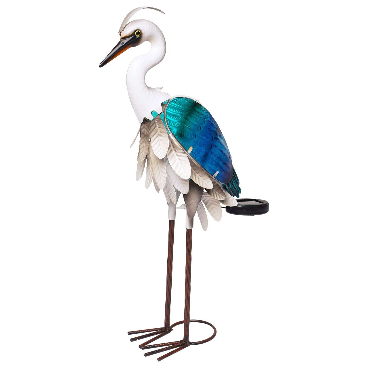 G128 Solar Metal Heron Garden Statue | 24 in Coastal Ocean Bird Outdoor Decor with LED Lights, Colorful Yard Art for Lawn Patio Backyard